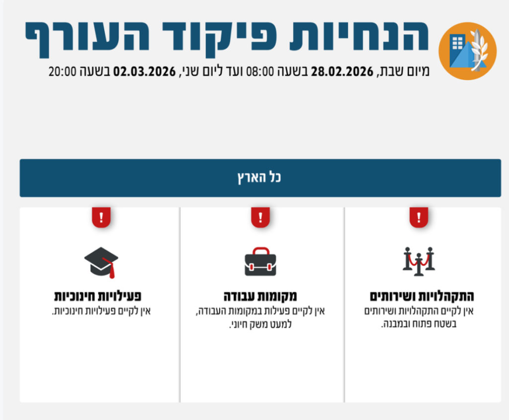שאגת האריה, הנחיות פיקוד העורף 28.2.26, מלחמה עם אירן