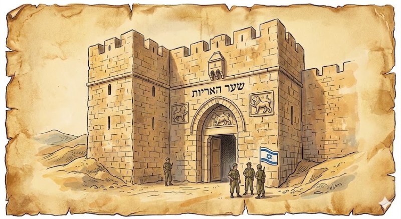 שער האריות- איור בסגנון עתיק של שערי ירושלים
