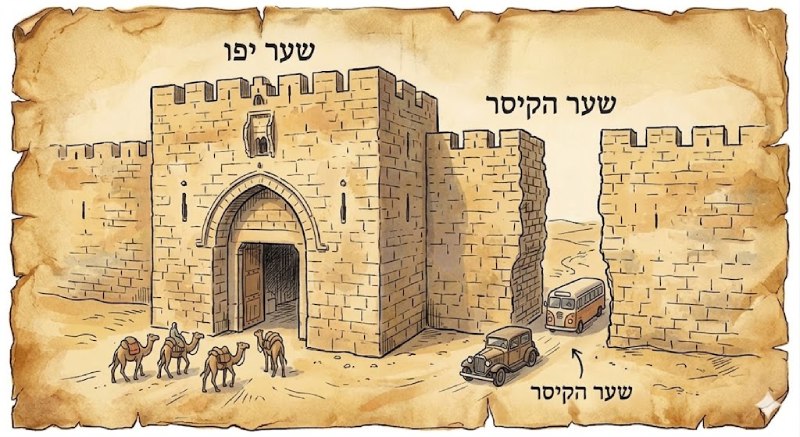 שער יפו איור בסגנון עתיק של שערי ירושלים